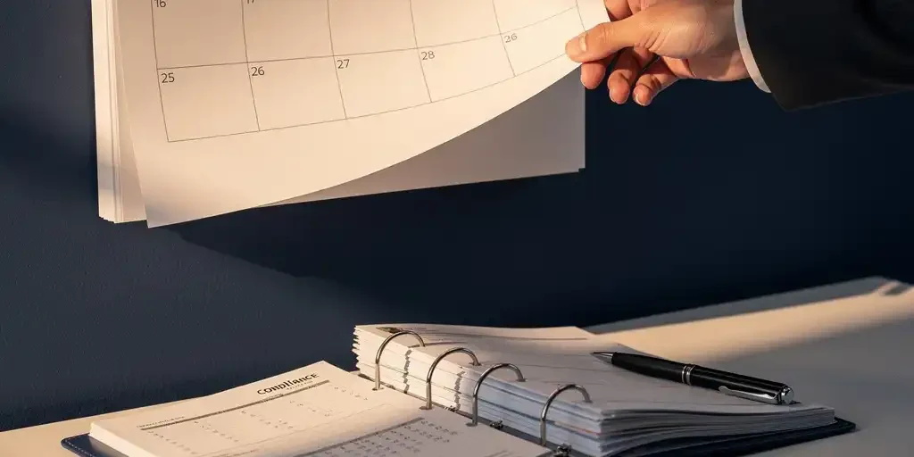 naleving-planning-kalender-kantoor-deadline.jpg Hand die een grote wandkalender omslaat op een kantoorbureau met een pen en open compliance-map in warm ochtendlicht.