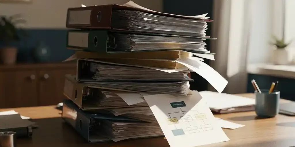 papierberg-kantoor-wanorde-organisatie-bureau.jpg Overvolle stapel papieren mappen en ordners op een rommelig bureau, met een klein organigram begraven onder de documenten.
