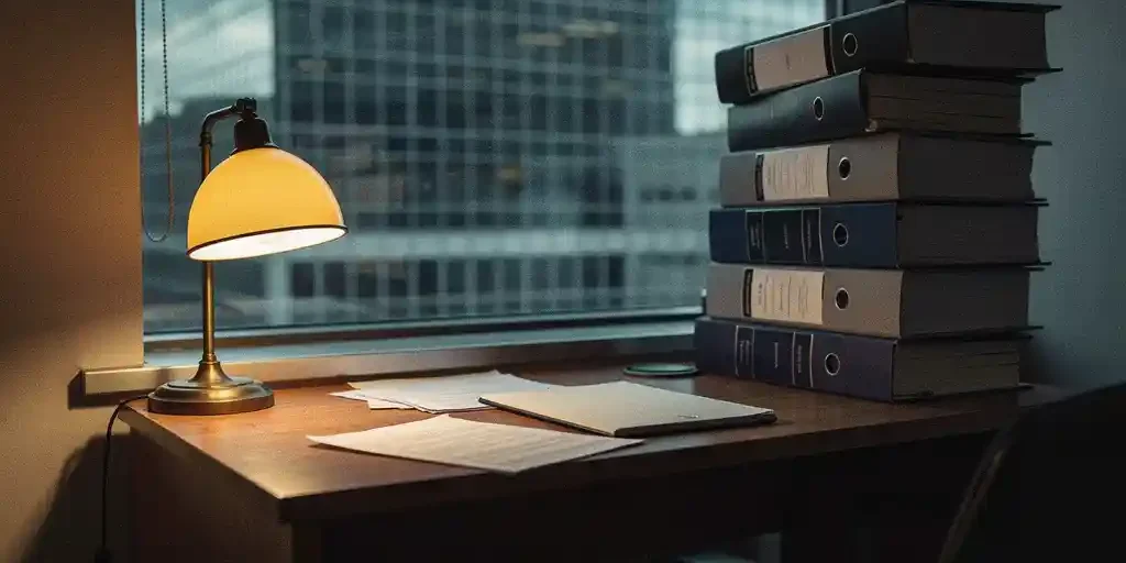 Klein zelfstandig uitzendbureau met bescheiden bureau en regelgevingmappen, overschaduwd door groot bedrijfsgebouw buiten het raam.