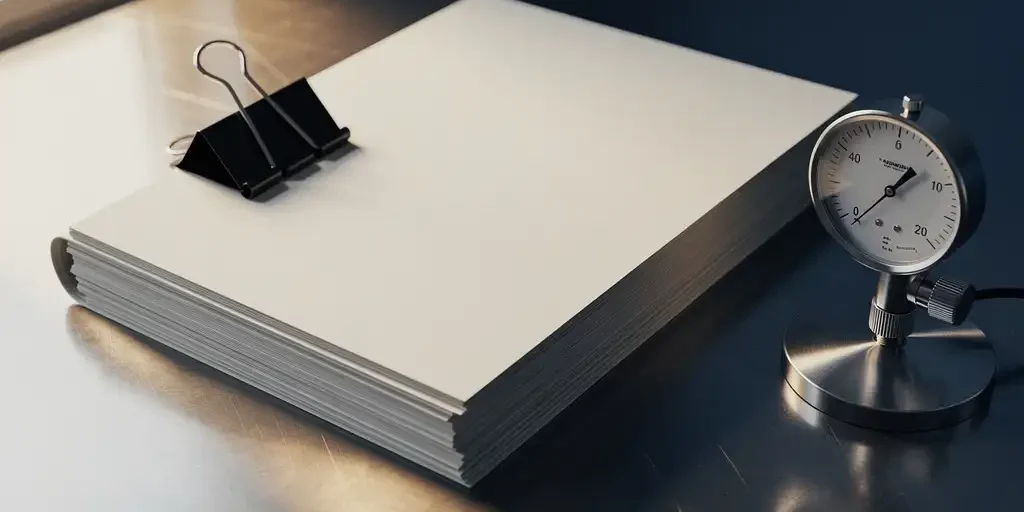 naleving-arbeidsrecht-documenten-werkgever.jpg Stapel arbeidsrechtelijke nalevingsdocumenten met binder clip op stalen bureau, mechanische drukmeter op de achtergrond.