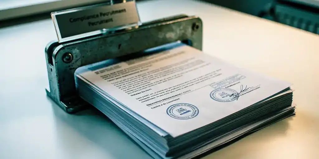 naleving-documenten-vergunningen-uitzendbureau-bureau.jpg Stapel officiële nalevingsdocumenten en afgestempelde vergunningen onder een industriële klem op een wit bureau van een recruitmentbureau.