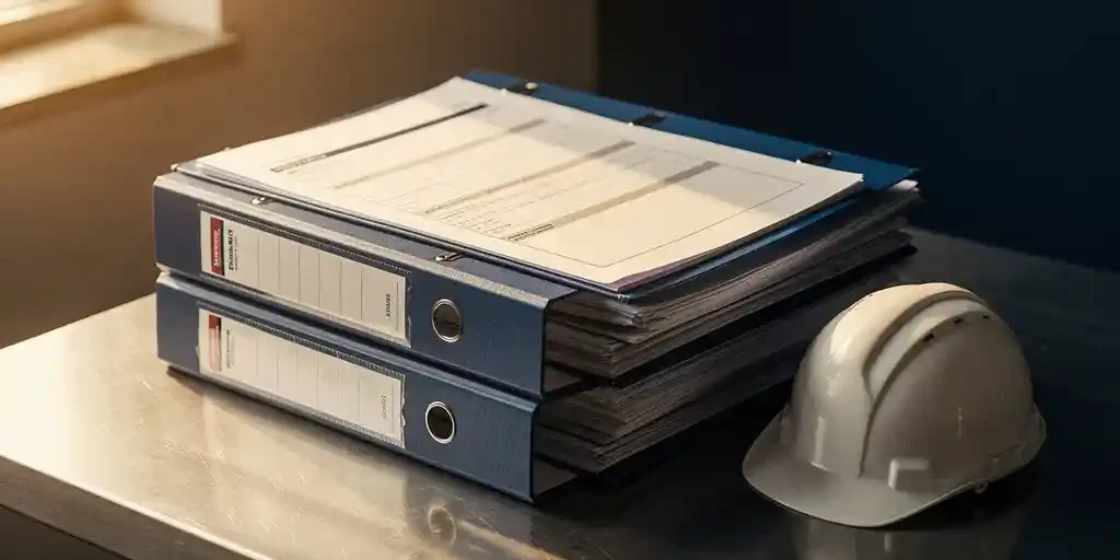 naleving-certificering-mappen-veiligheid-bureau.jpg Stapel compliance-mappen en certificeringsmappen op stalen bureau, naast gele veiligheidshelm, warm zijlicht.