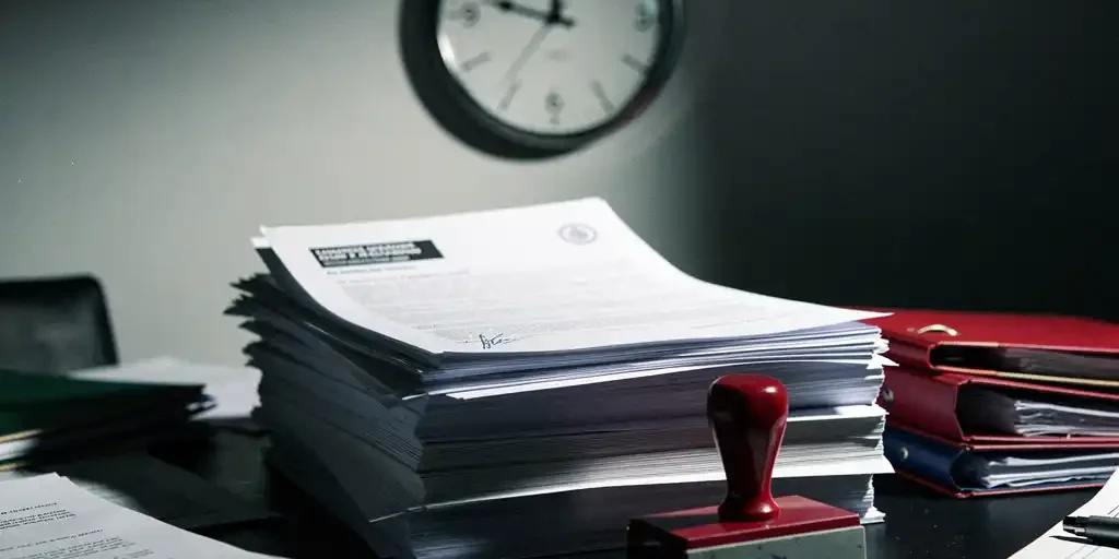 nalevingsdocumenten-deadline-kantoor-stress.jpg Ongetekende nalevingsdocumenten op een rommelig bureau met een wandklok die een naderende deadline aangeeft en een rood stempel.