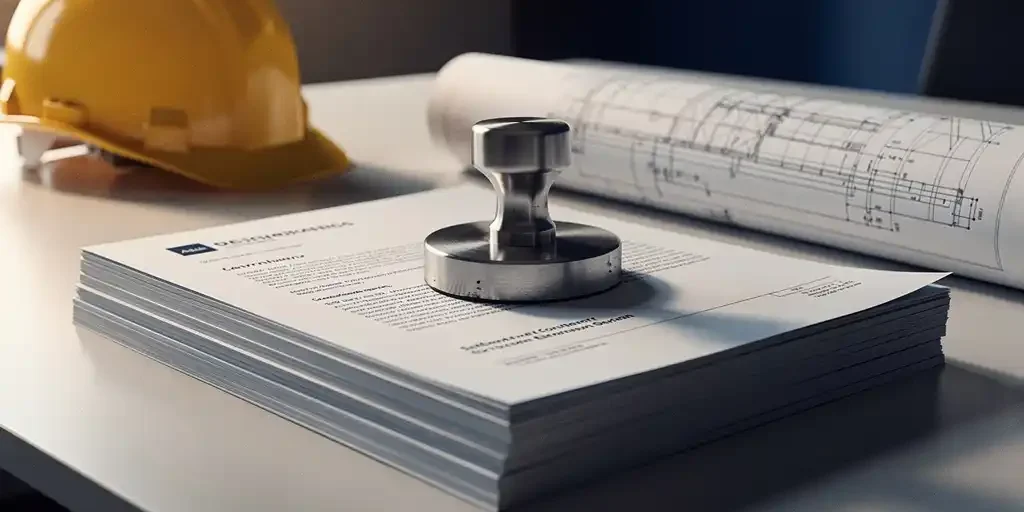 nederlandse-arbeidscontract-certificering-stempel.jpg Stapel Nederlandse arbeidscontracten met metalen certificeringsstempel op bureau, bouwhelm en technische tekening op achtergrond.