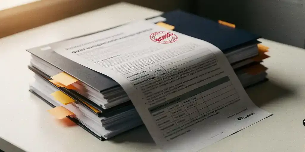 naleving-arbeidsrecht-documenten-waarschuwing.jpg Stapel Nederlandse arbeidswetgeving documenten op kantoorbureau, opengevallen map met regelgevingspapieren en rood waarschuwingsstempel.