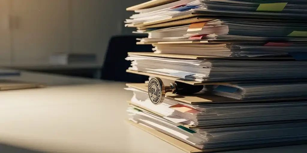 Hoge stapel personeelsdossiers en contracten op kantoorbureau, bijna omvallend, met deels zichtbaar Nederlands administratief stempel.