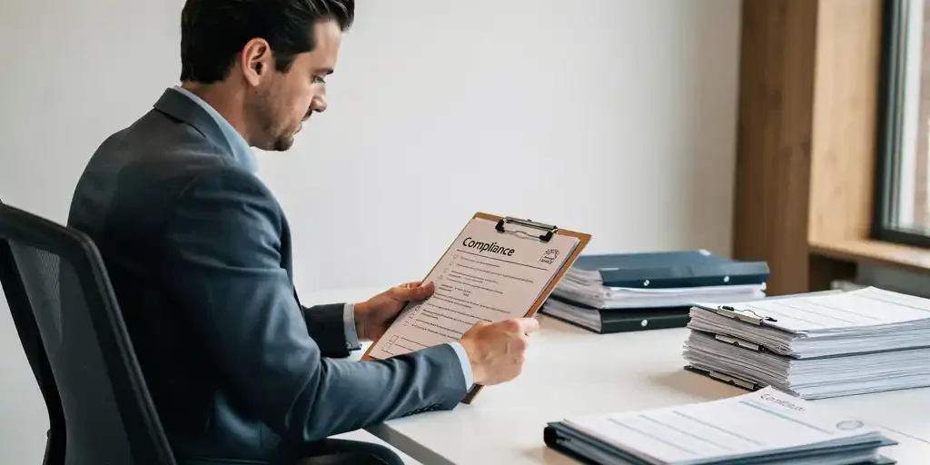 Uitzendbureau manager controleert nalevingschecklist op klembord, omringd door personeelsdossiers op modern bureau in Nederlands kantoor.